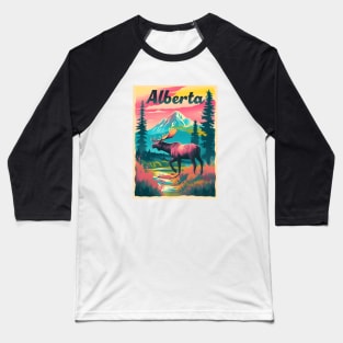 Alberta Canada Moose Mountain Trees Retro Risograph Souvenir Baseball T-Shirt